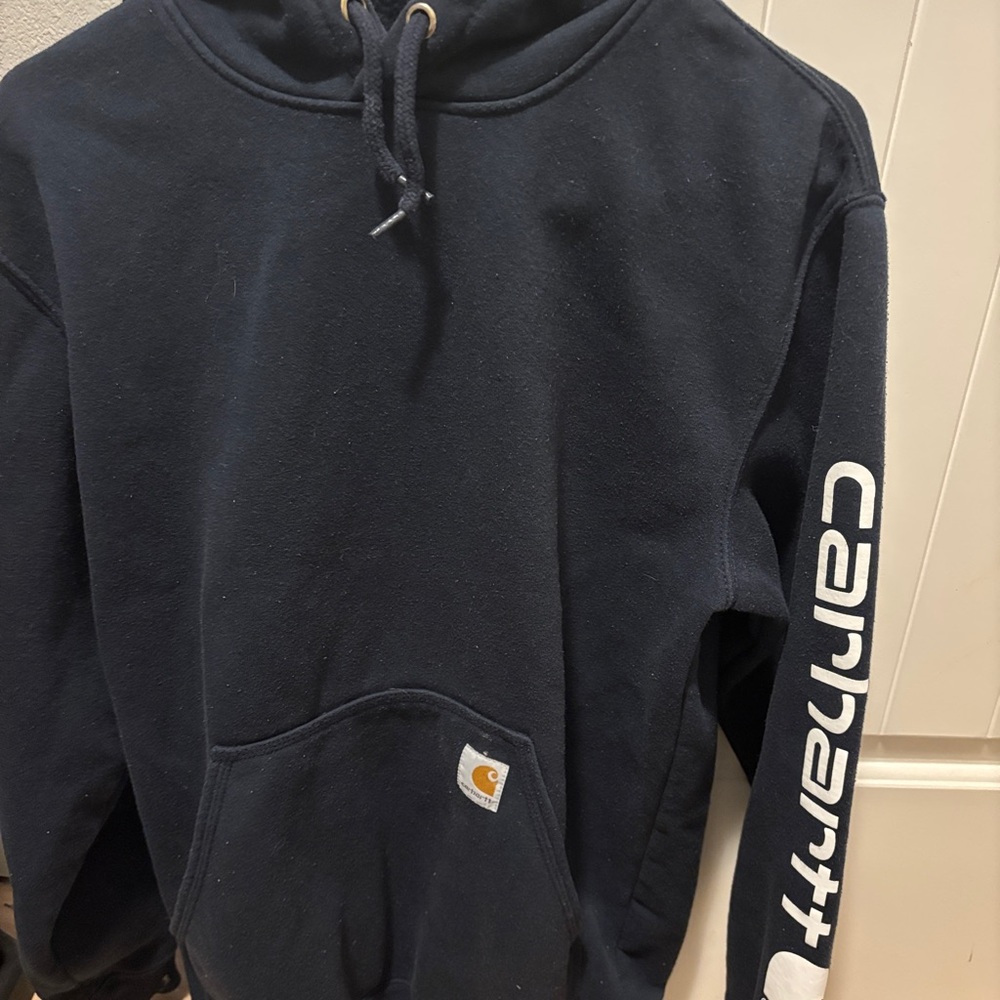 Carhartt Men's Dark Blue Hoodie with Logo Sleeve